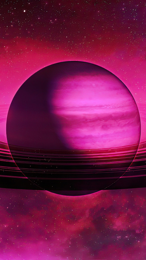 Pink planet with rings in digital universe artwork
