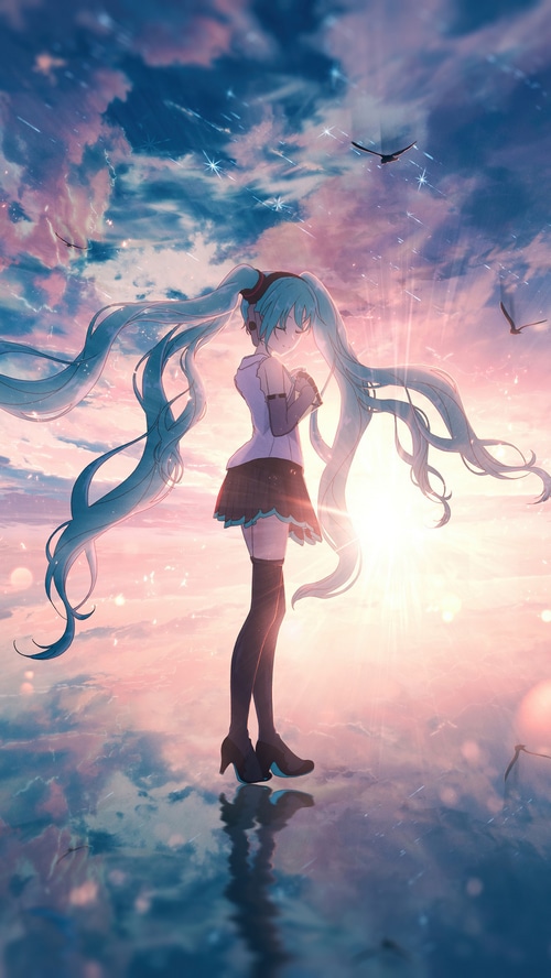 Hatsune Miku standing in a sunset sky with birds