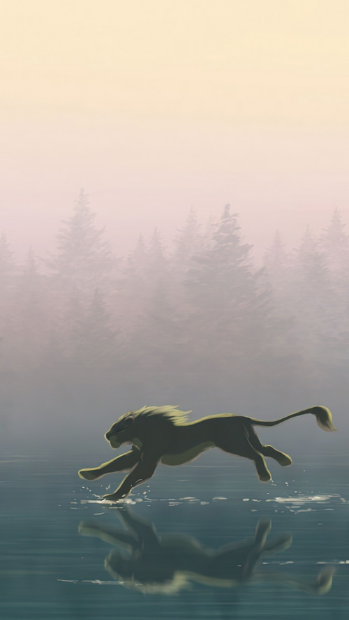 Lion running through water with forest background