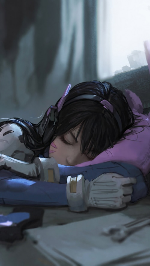 D.Va from Overwatch sleeping on a pillow
