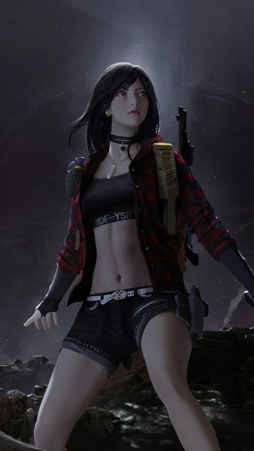 Artwork of a woman with a gun and backpack