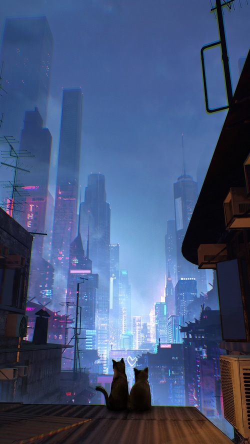 Two cats looking at a futuristic city at night