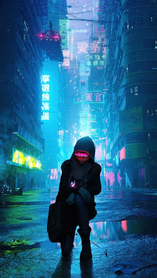 Cyberpunk City Street with a Person