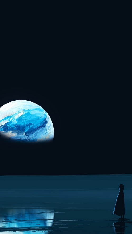 Digital art of a person looking at a planet