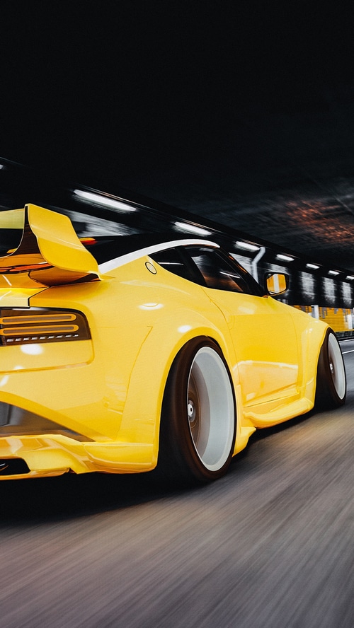 Yellow Nissan Z sports car in a tunnel