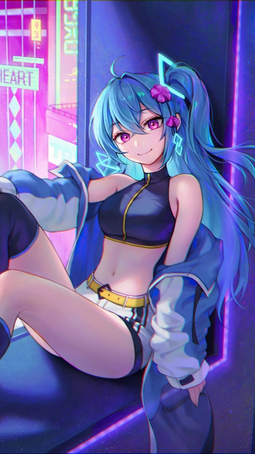 Anime girl with blue hair in cyberpunk city
