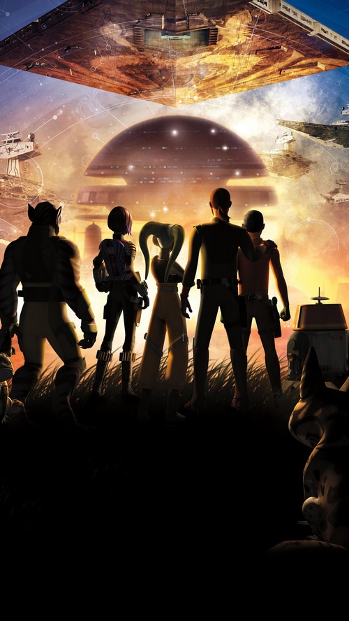 Star Wars Rebels characters looking at a Star Destroyer