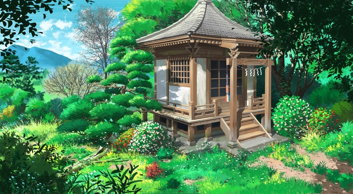 Japanese Temple in a Lush Green Forest