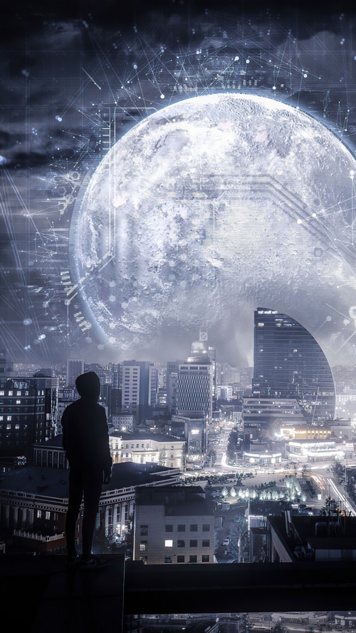 Sci-fi artwork of a person overlooking a futuristic city and moon