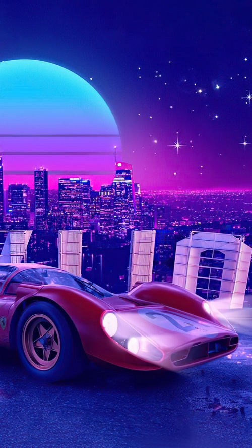 Ferrari Synthwave Artwork with Cityscape