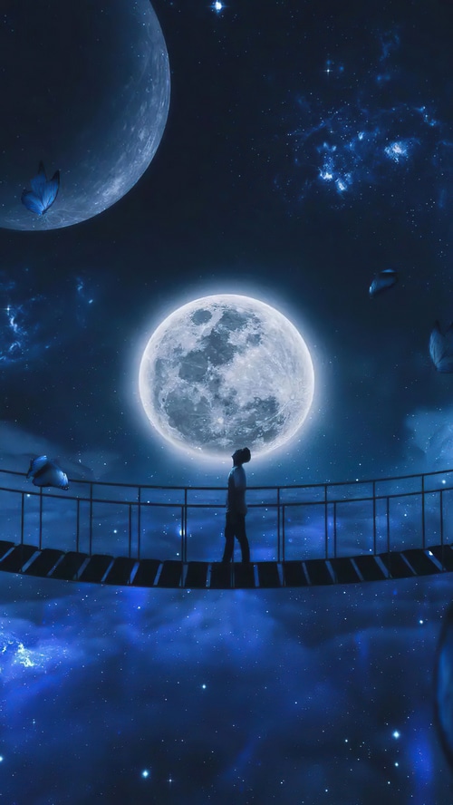 Man on a bridge looking at the moon and stars