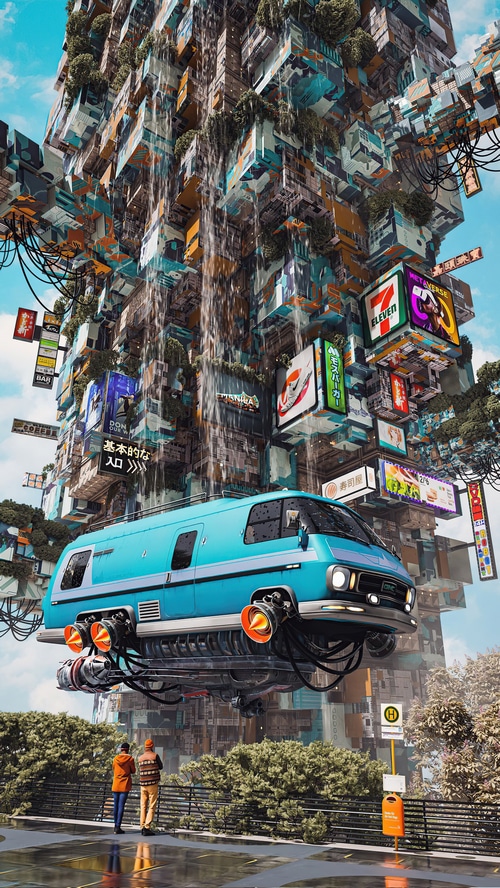 Futuristic Cityscape with Flying Van and Advertisements