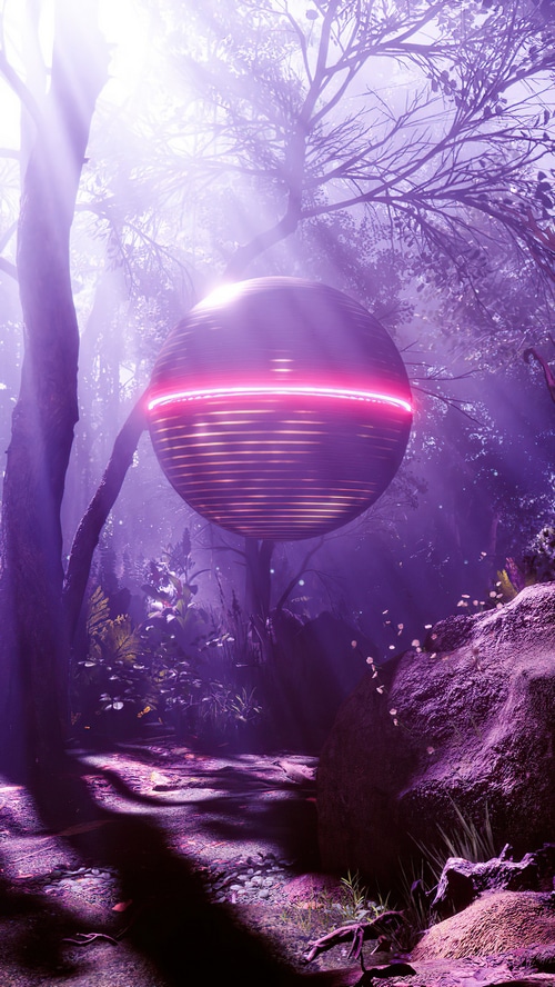 Synthwave Artwork of a Floating Orb in a Forest