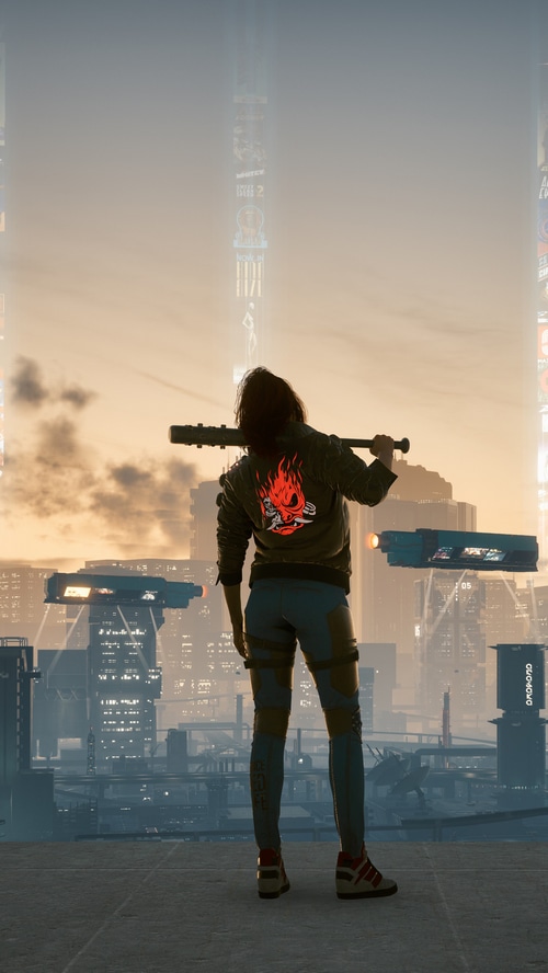 Cyberpunk 2077 character with baseball bat in city