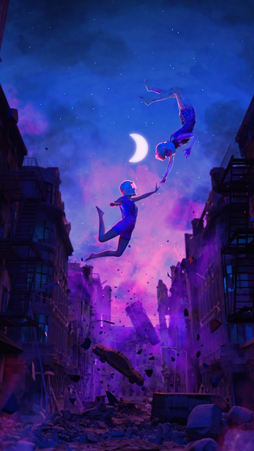Two figures falling through a destroyed city at night