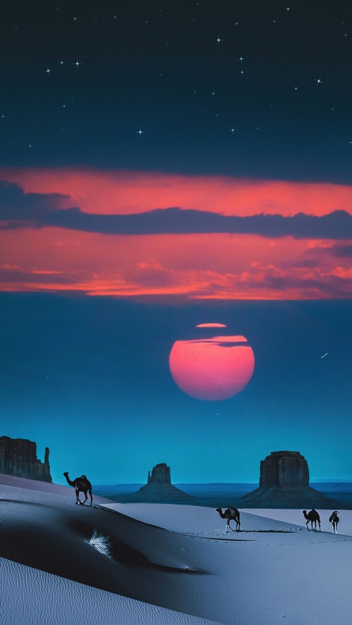 Camels in a desert at sunset with stars