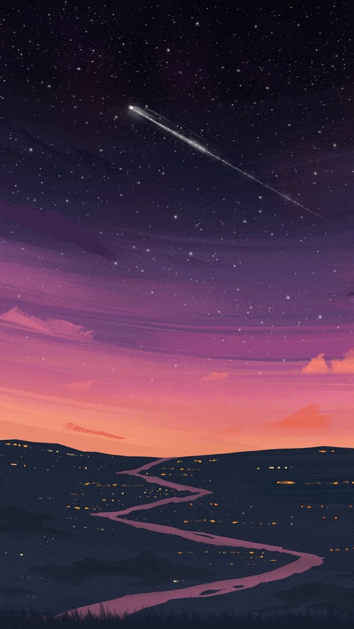 Digital art of a starry night sky with a shooting star over a landscape