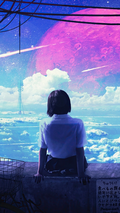 Girl looking at a pink planet and clouds