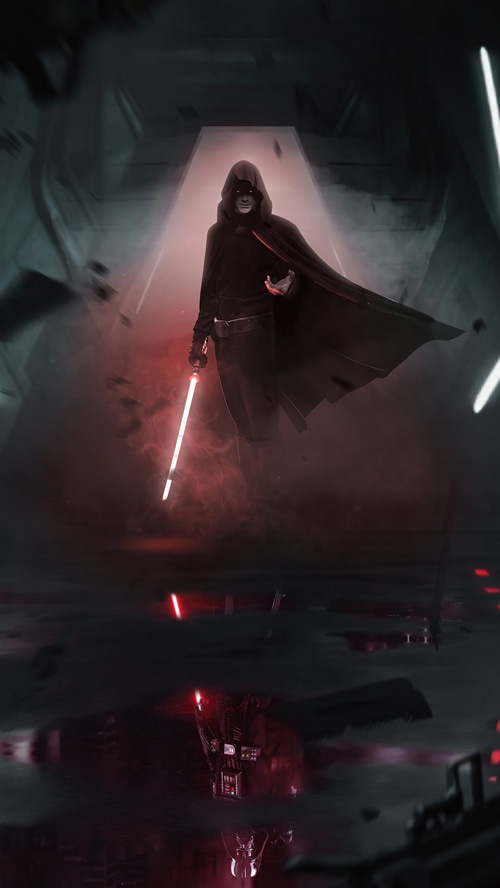 Darth Vader with a red lightsaber in a dark hallway