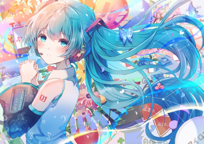 Hatsune Miku with Blue Hair and Flowers