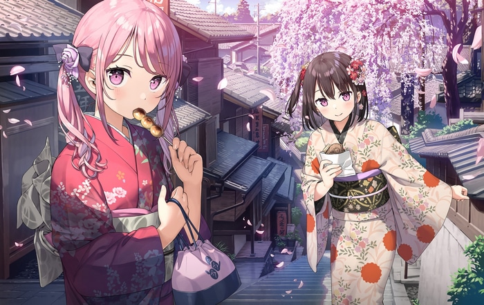 Anime girls in kimonos eating dango under cherry blossoms