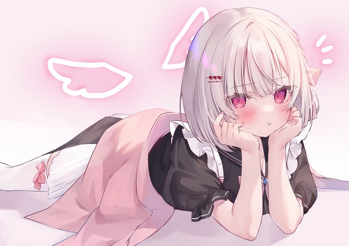 Anime girl with silver hair and red eyes lying down