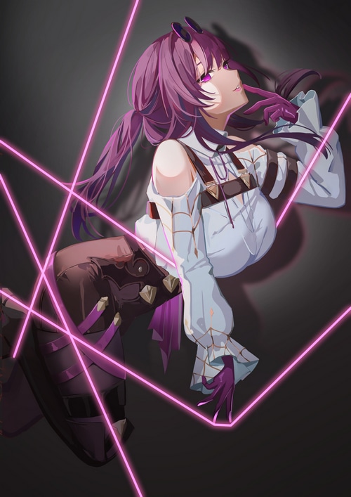Kafka from Honkai: Star Rail with purple hair and eyes