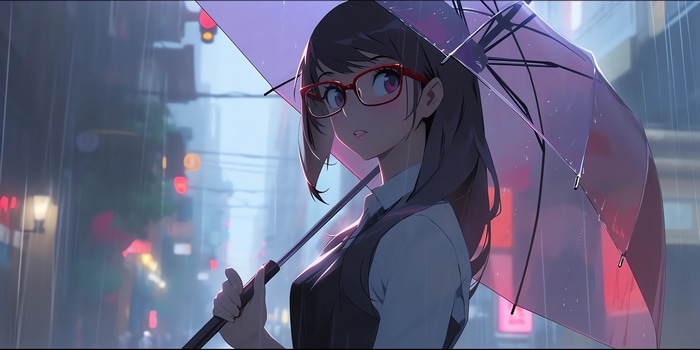 Anime girl with glasses holding an umbrella in the rain