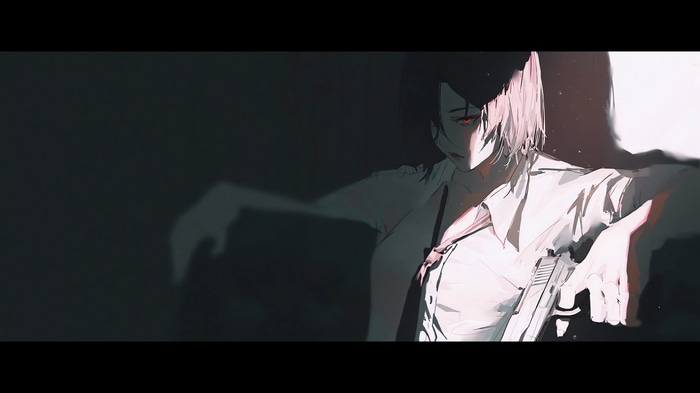 Girl with gun and red eyes