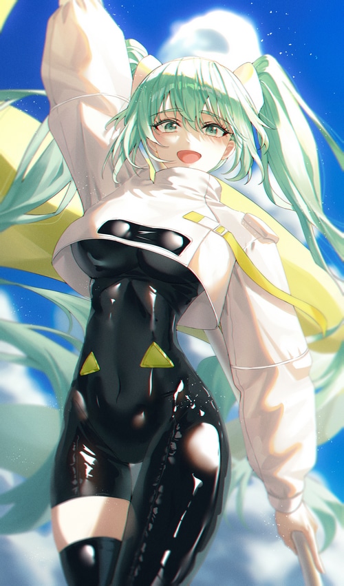 Hatsune Miku in a black latex outfit under the sky