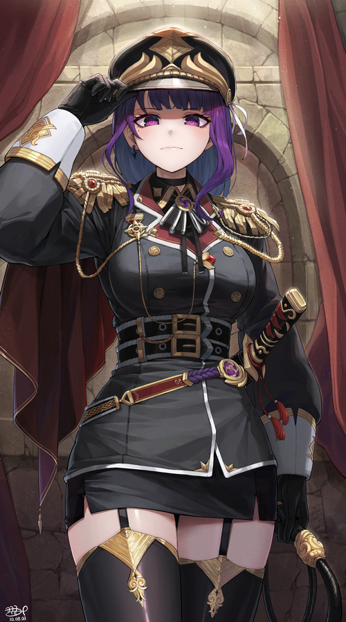 Woman in military uniform with sword and whip