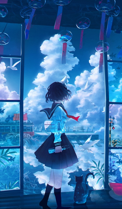 Schoolgirl and cat by the window with wind chimes