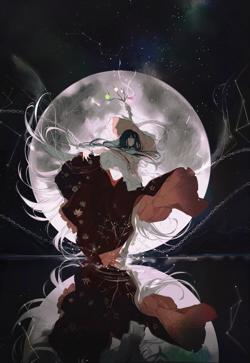4K anime girl with staff under the Moon