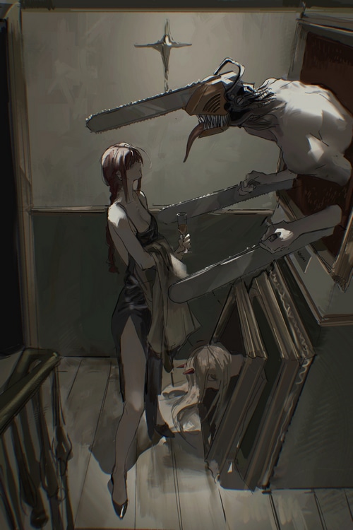 Makima and Chainsaw Man in a room