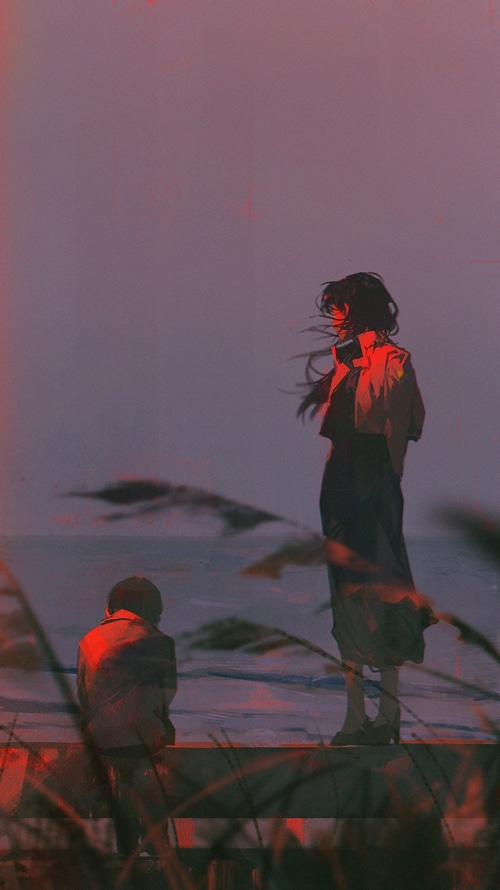 Two figures by the sea, one standing, one sitting