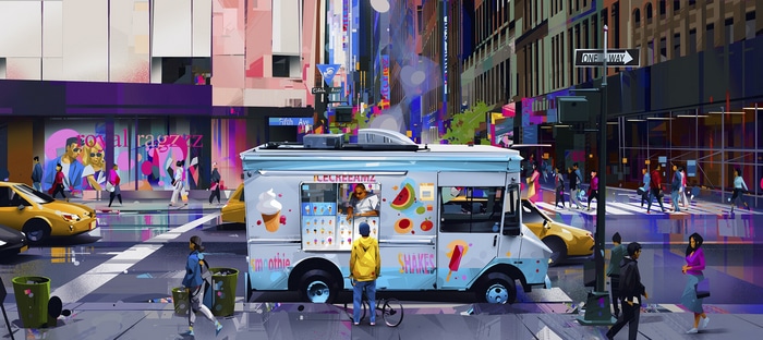 Ice cream van on a colorful city street with pedestrians
