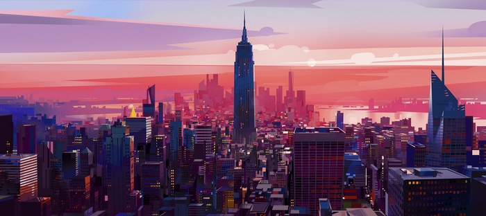 Animated cityscape of New York City at sunset