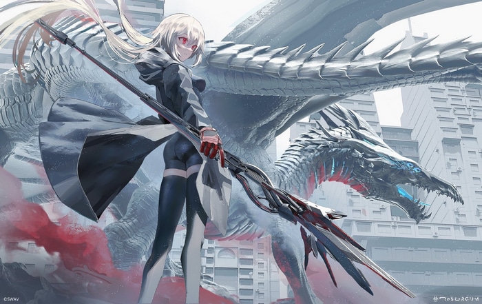 Girl with Lance and Dragon in City