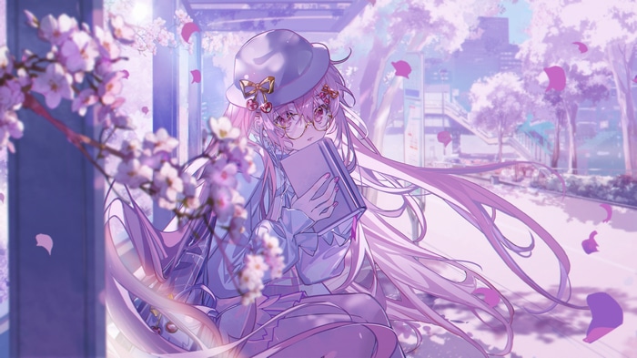 Girl with purple hair and glasses holding a book