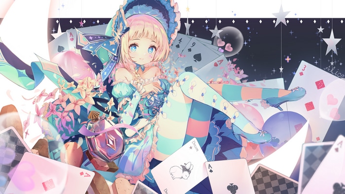 Alice in Wonderland themed anime girl with cards