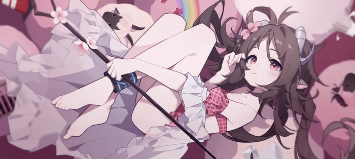 Arknights Eyjafjalla lying down with flowers