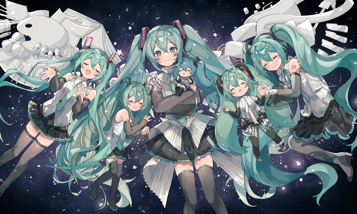 Hatsune Miku and her chibi forms in a starry background