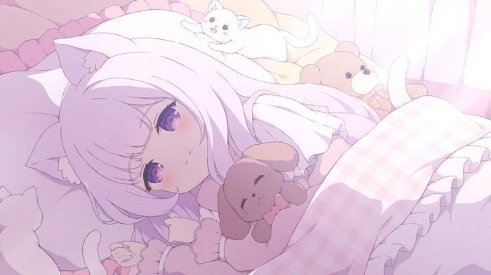 Cat girl with purple eyes and plush toys in bed