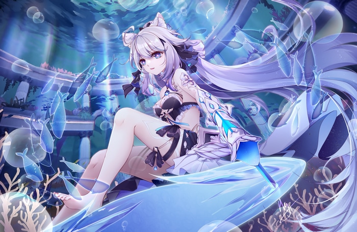 4K underwater anime girl with gradient hair and fish