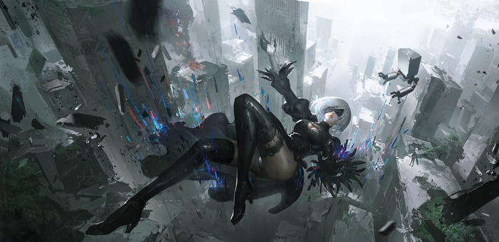 4K Nier: Automata 2B falling amidst debris
