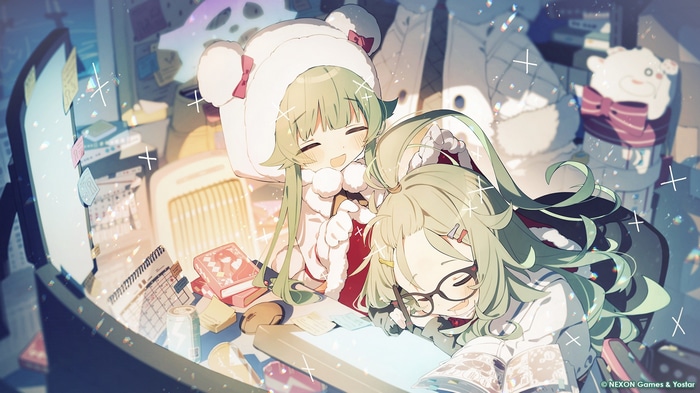 Two girls with green hair studying at a desk