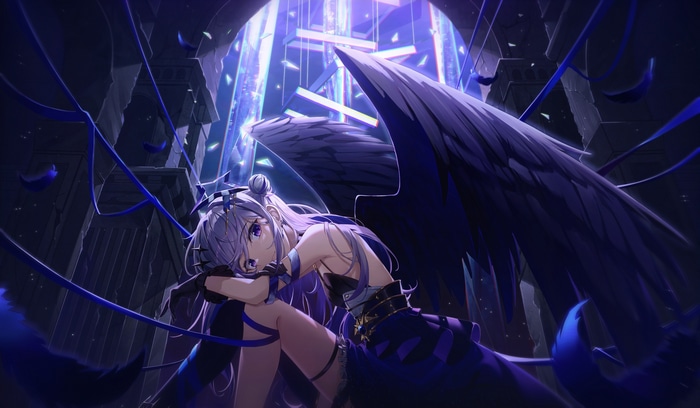 Anime girl with purple hair and black wings