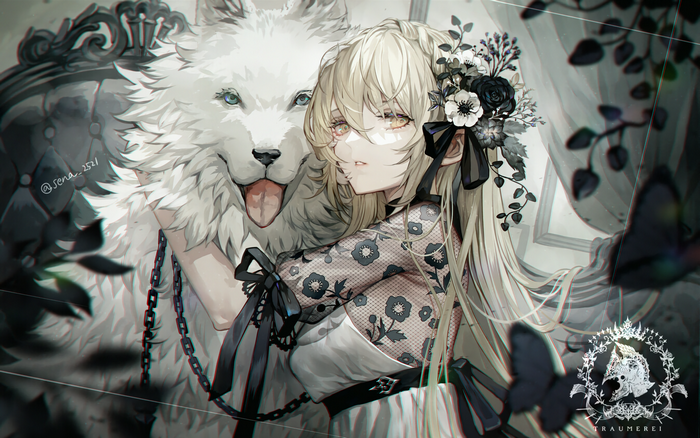 Blonde girl with yellow eyes and white wolf with chains