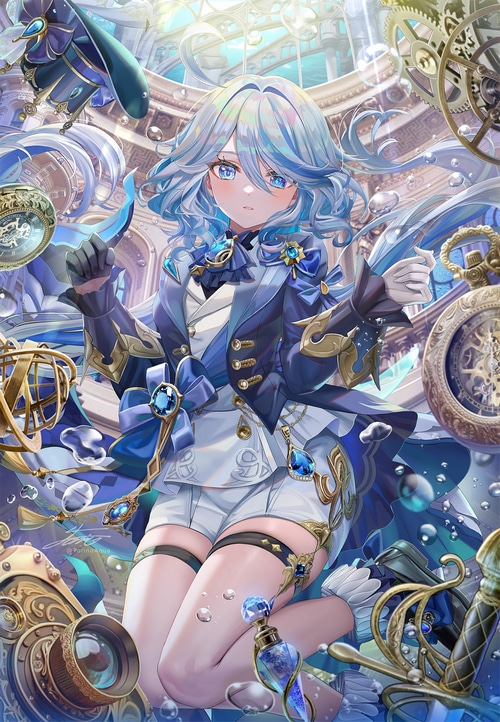 Focalors from Genshin Impact with blue hair and eyes