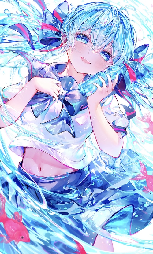 Hatsune Miku in a school uniform with blue hair and twintails